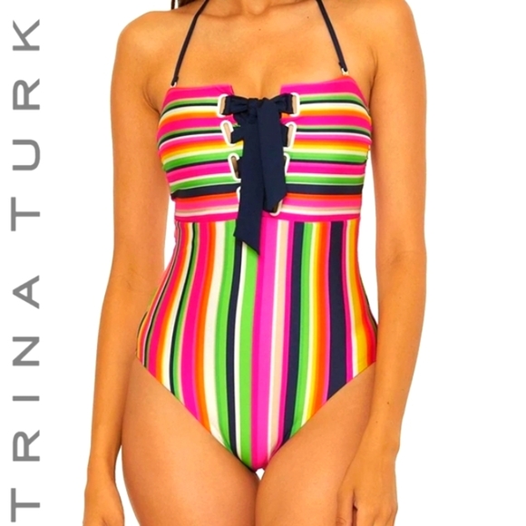 NWT Anniversary Stripe Corset Lace-Up Halter Neck One Piece Swimsuit - Picture 1 of 3
